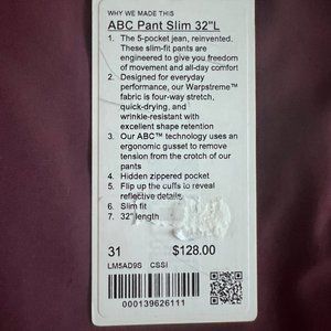 ABC Pant Slim 31 x 32L Warpstreme Burgandy Date Brown Lululemon Lulu Men M